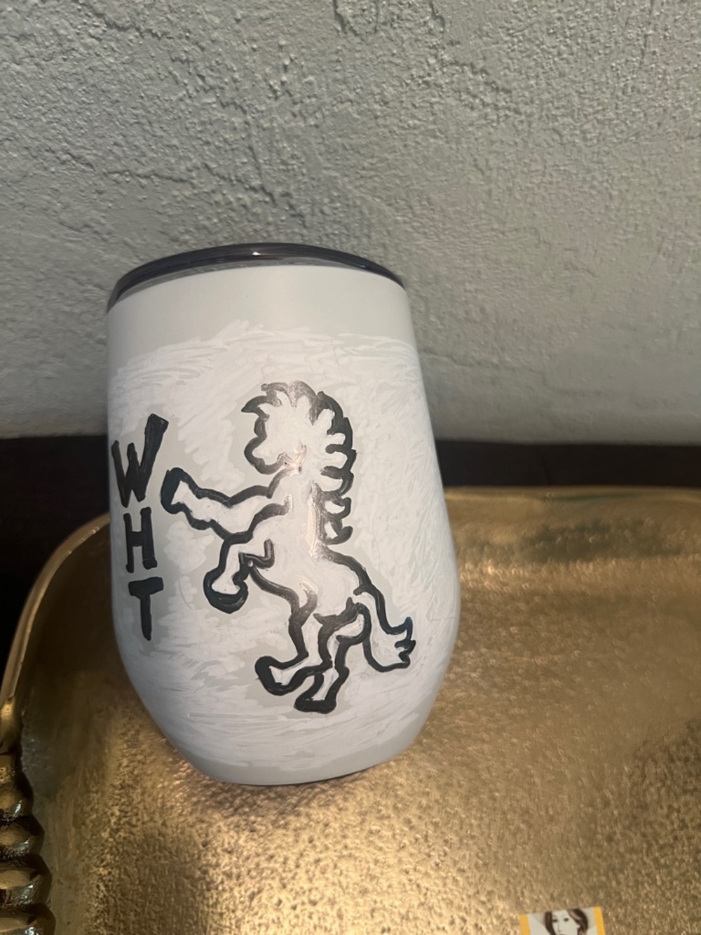 #1878* White Hand-Painted Stemless Tumbler with Black White Horse Thunder
